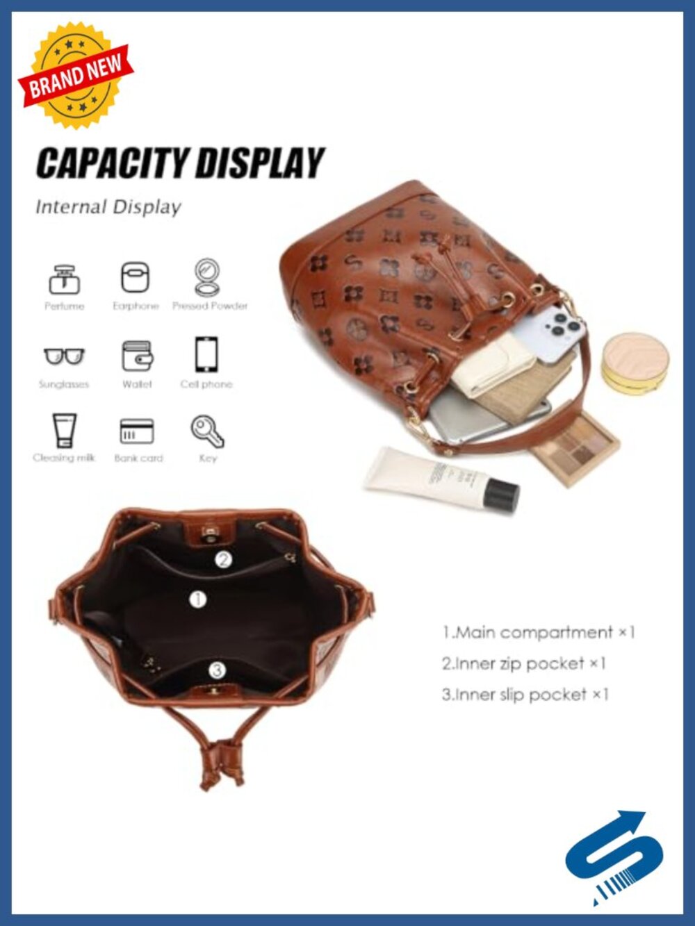 2 Piece Bucket Bag Set Embossed Vegan Leather Crossbody Shoulder Handbag with 2 - Picture 4 of 6